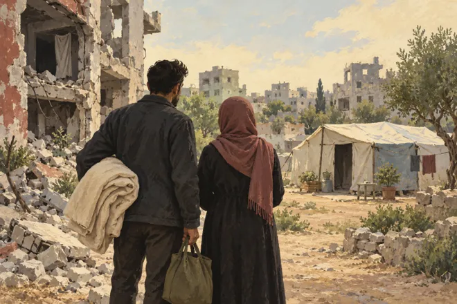 Illustration de deux adultes portant une couverture et un sac entre des bâtiments endommagés et un abri temporaire.