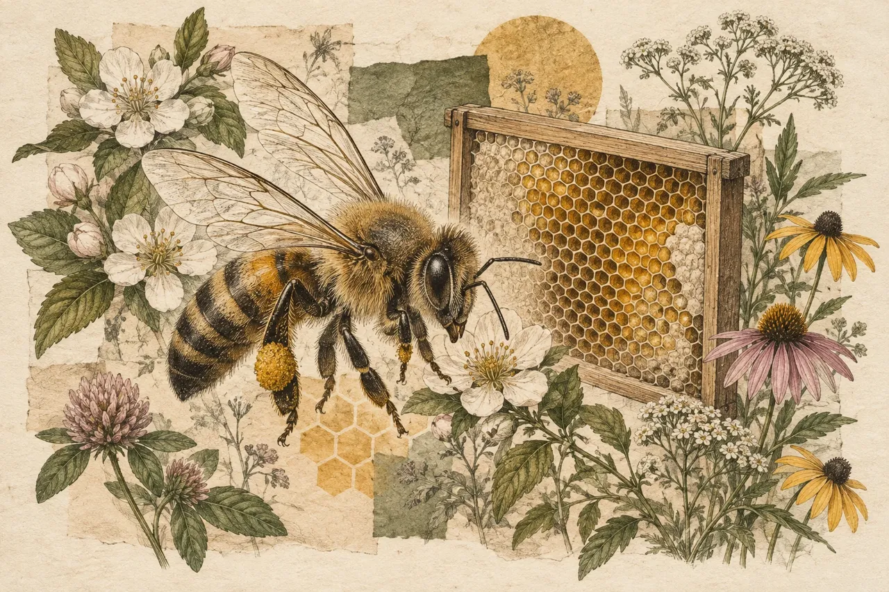 Illustration mêlant une gravure d’abeille, un cadre de ruche et des rameaux fleuris sur papier crème.