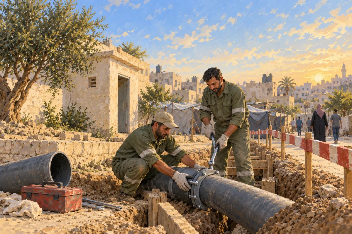 Illustration de deux agents réparant une conduite près d’abris, derrière une barrière séparant le chantier du passage.
