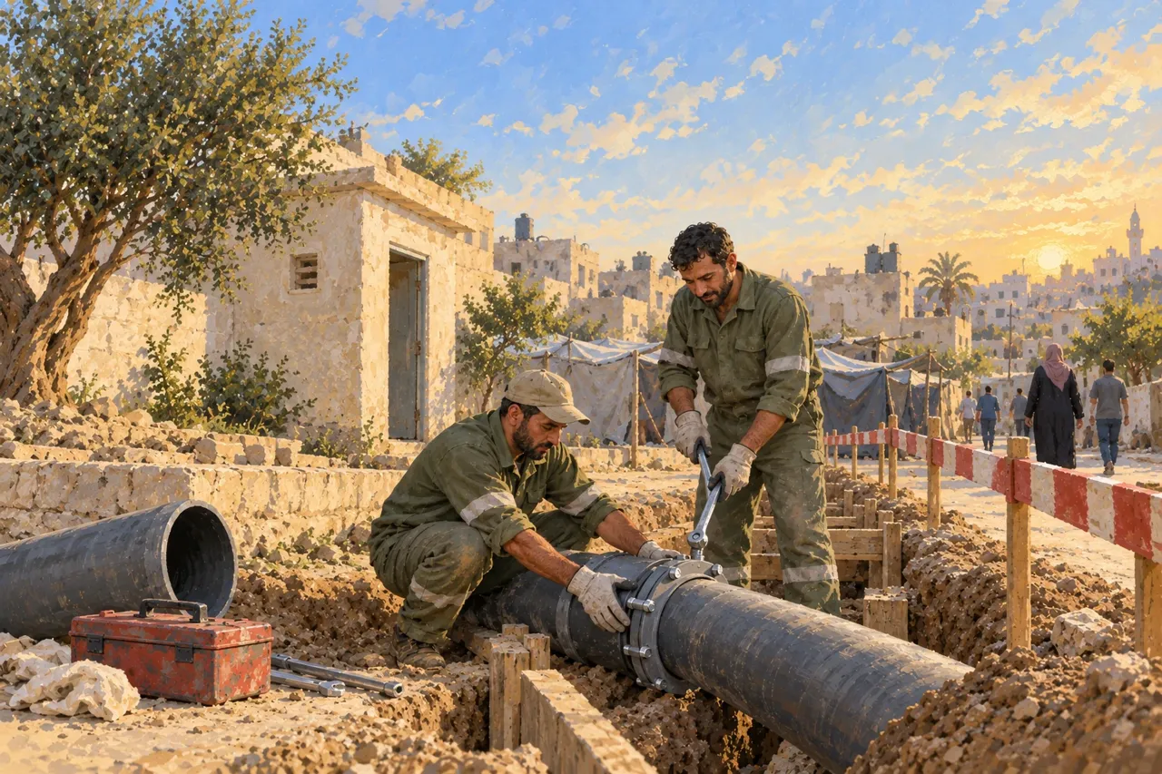 Illustration de deux agents réparant une conduite près d’abris, derrière une barrière séparant le chantier du passage.