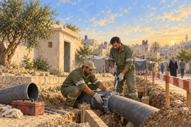 Illustration de deux agents réparant une conduite près d’abris, derrière une barrière séparant le chantier du passage.