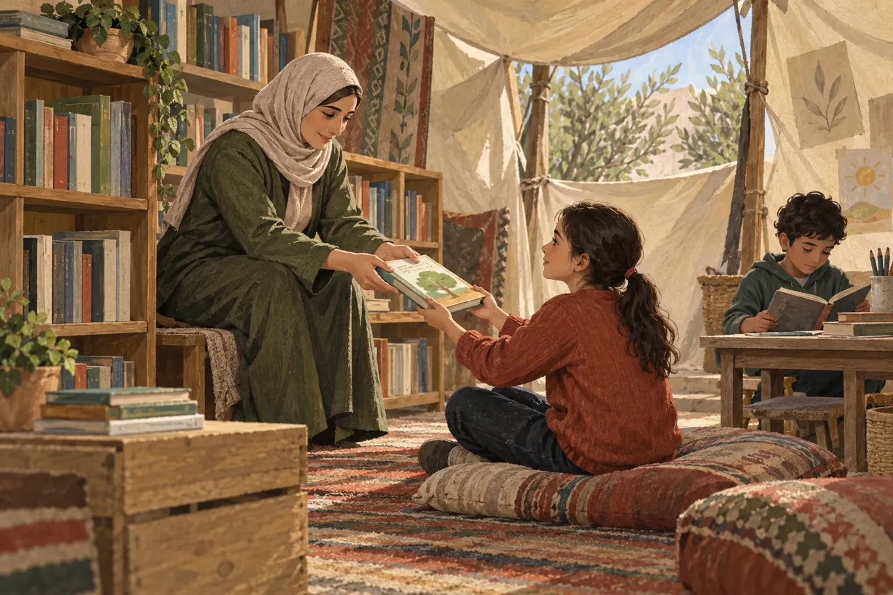 Illustration d’un adulte remettant un livre à un enfant dans un espace de lecture fictif sous un abri de toile.