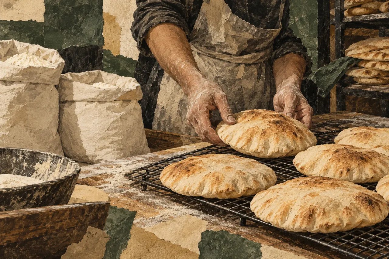 Illustration : des mains disposent des pains ronds sur une grille, près de sacs de farine.