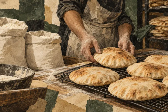 Illustration : des mains disposent des pains ronds sur une grille, près de sacs de farine.