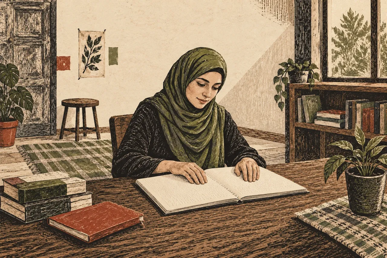 Illustration en estampe d’une étudiante adulte fictive lisant avec ses mains une feuille tactile à son bureau.