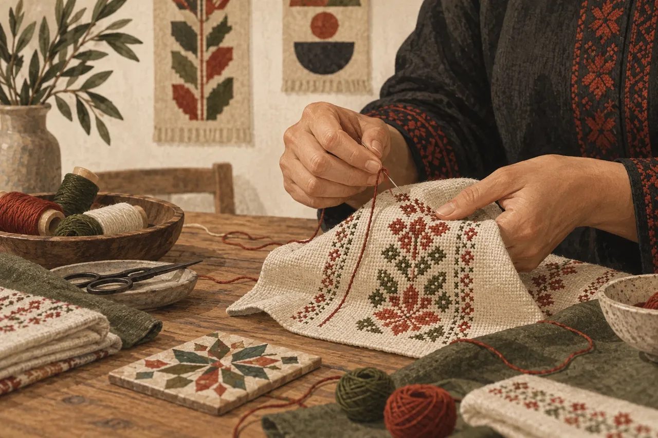 Illustration de mains brodant sur une table, avec fils, tissu et compositions géométriques imaginaires.