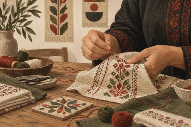 Illustration de mains brodant sur une table, avec fils, tissu et compositions géométriques imaginaires.