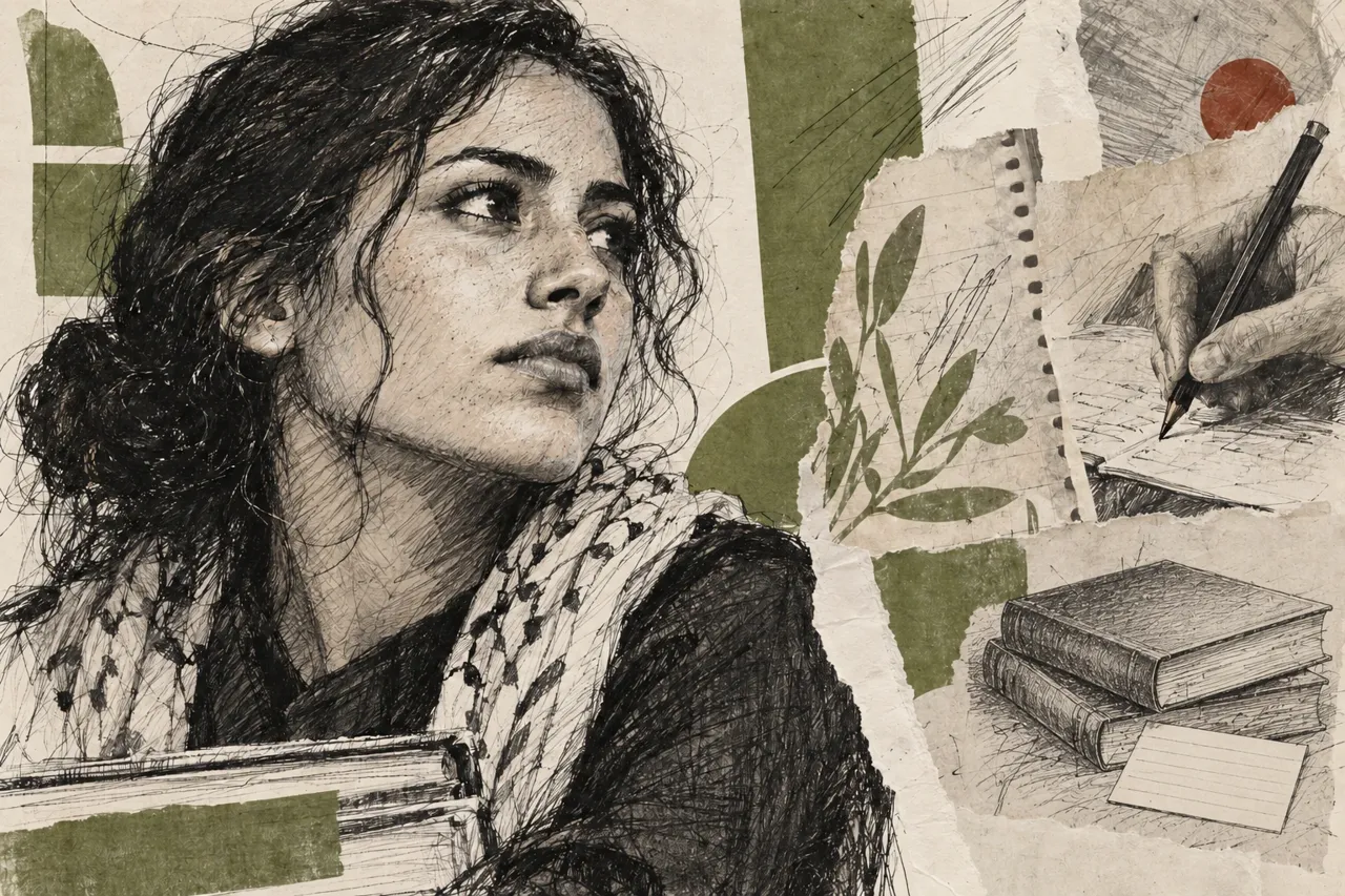 Portrait dessiné d’une étudiante fictive, associé à des croquis de cahiers, de livres et d’une main tenant un crayon.