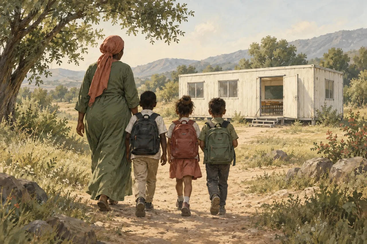 Illustration de trois enfants avec leurs cartables, accompagnés d’une adulte sur le chemin d’une classe mobile.