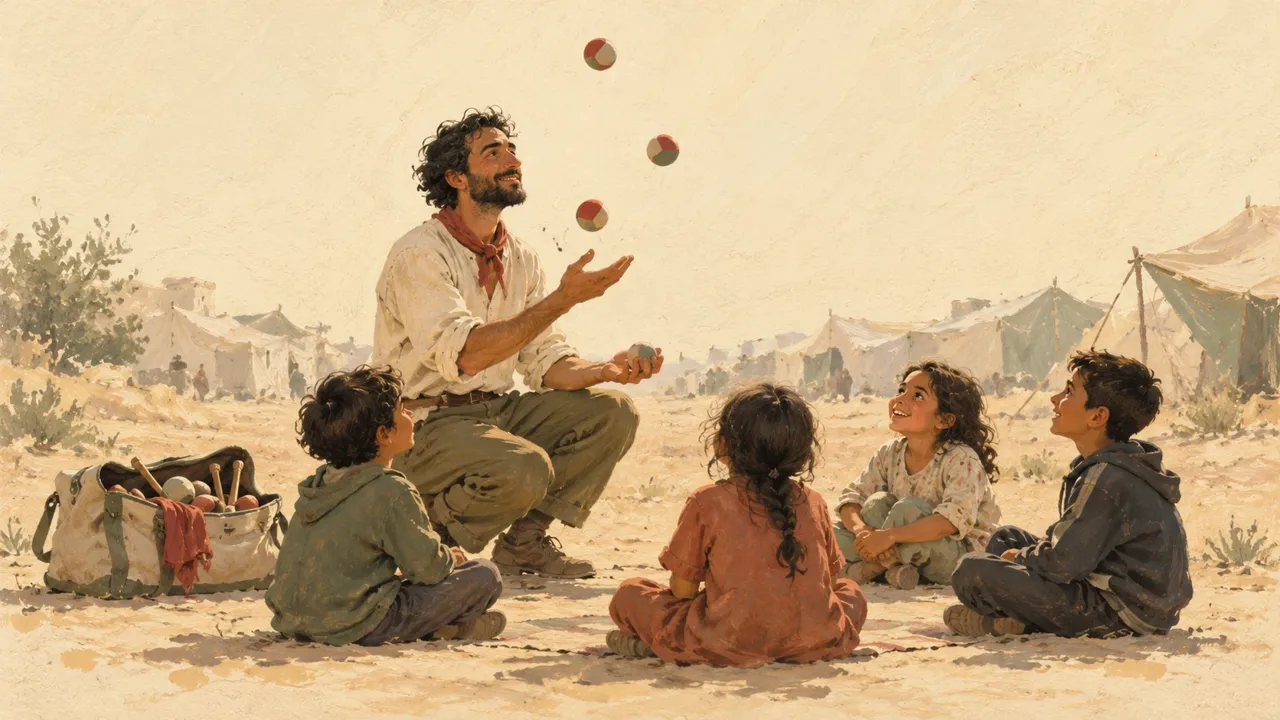 Illustration d’un jongleur assis face à quatre enfants, avec un sac de matériel et des abris en toile en arrière-plan.