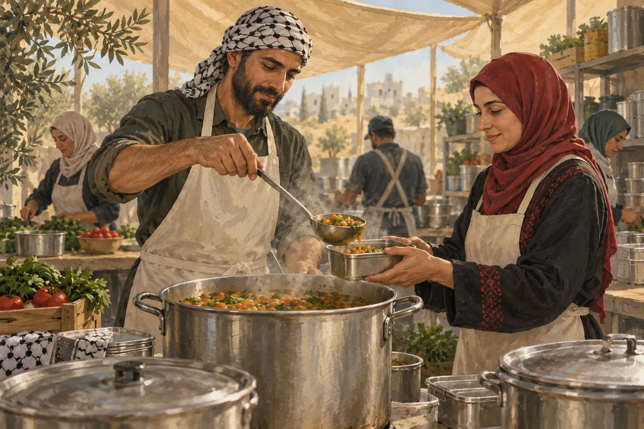 Illustration de deux adultes préparant et servant un repas chaud dans une cuisine collective sous un auvent.
