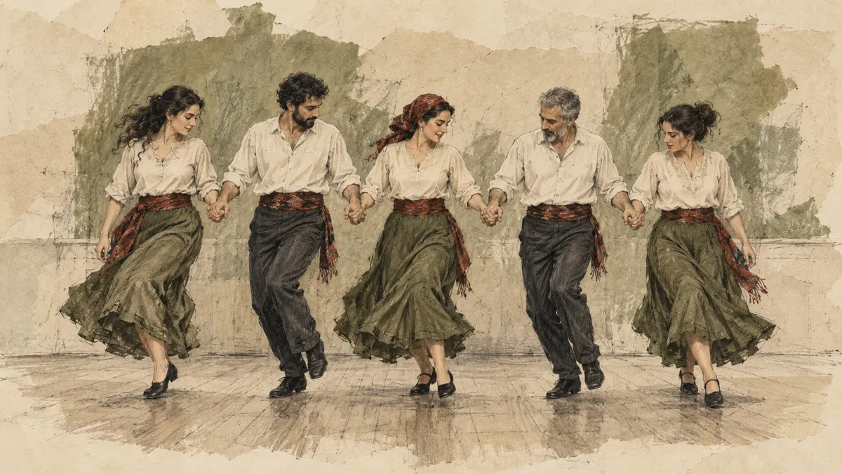 Illustration de cinq adultes se tenant par la main et répétant ensemble des pas de danse, dans une composition au crayon et aux tons olive.