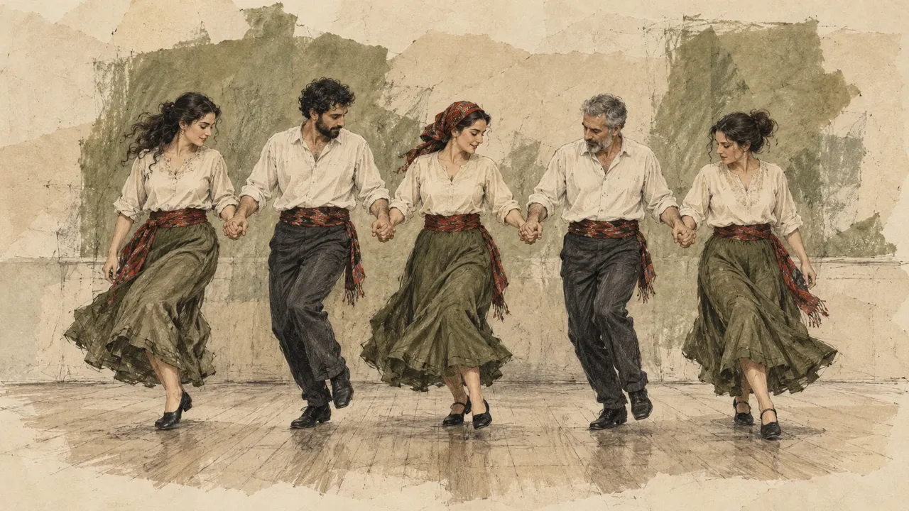 Illustration de cinq adultes se tenant par la main et répétant ensemble des pas de danse, dans une composition au crayon et aux tons olive.
