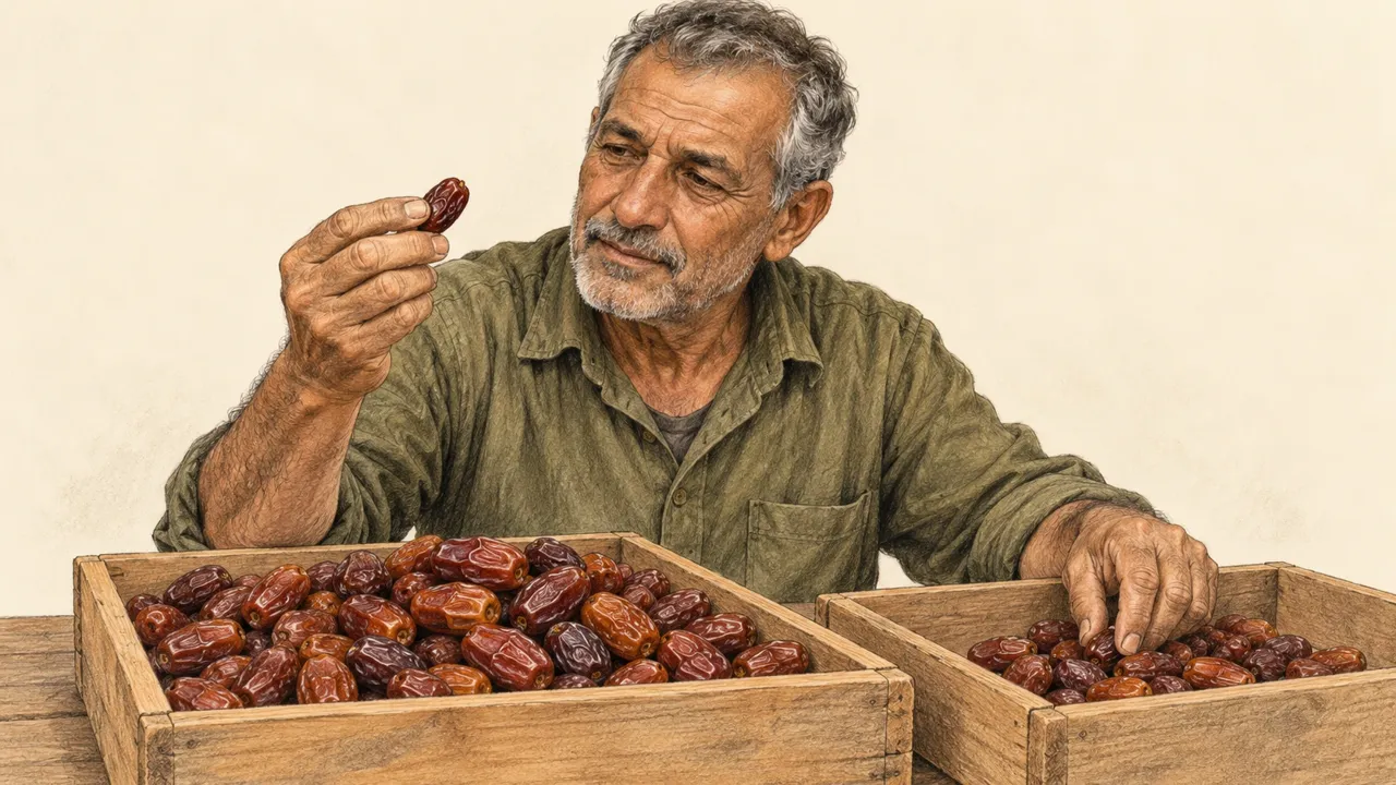 Illustration d’un travailleur agricole examinant une datte près de deux caisses de fruits sur une table.