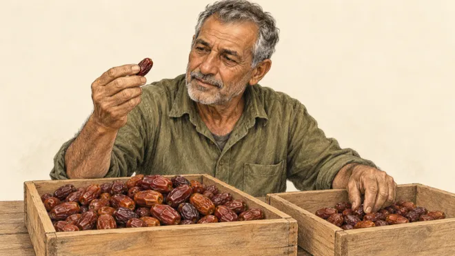 Illustration d’un travailleur agricole examinant une datte près de deux caisses de fruits sur une table.