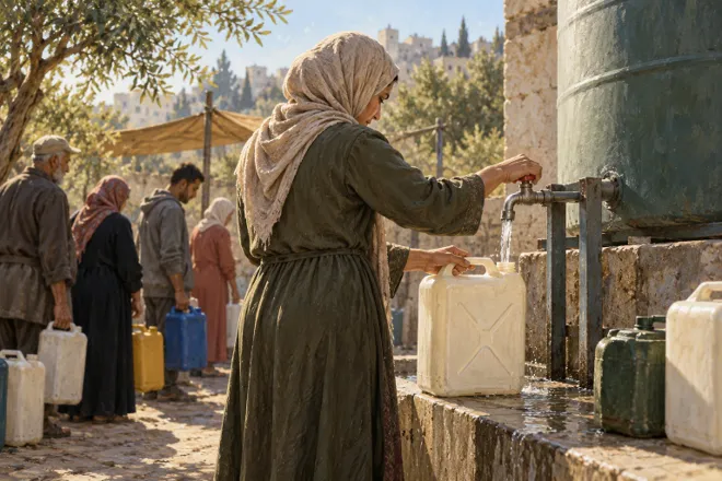 Illustration d’une femme remplissant un bidon à un point de distribution, avec des personnes attendant à proximité.