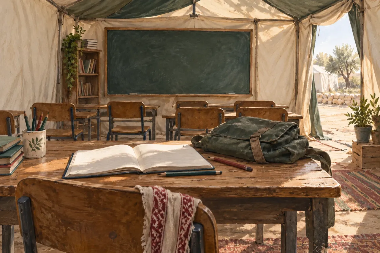 Illustration : cahier ouvert et cartable dans une salle de classe sous une tente.
