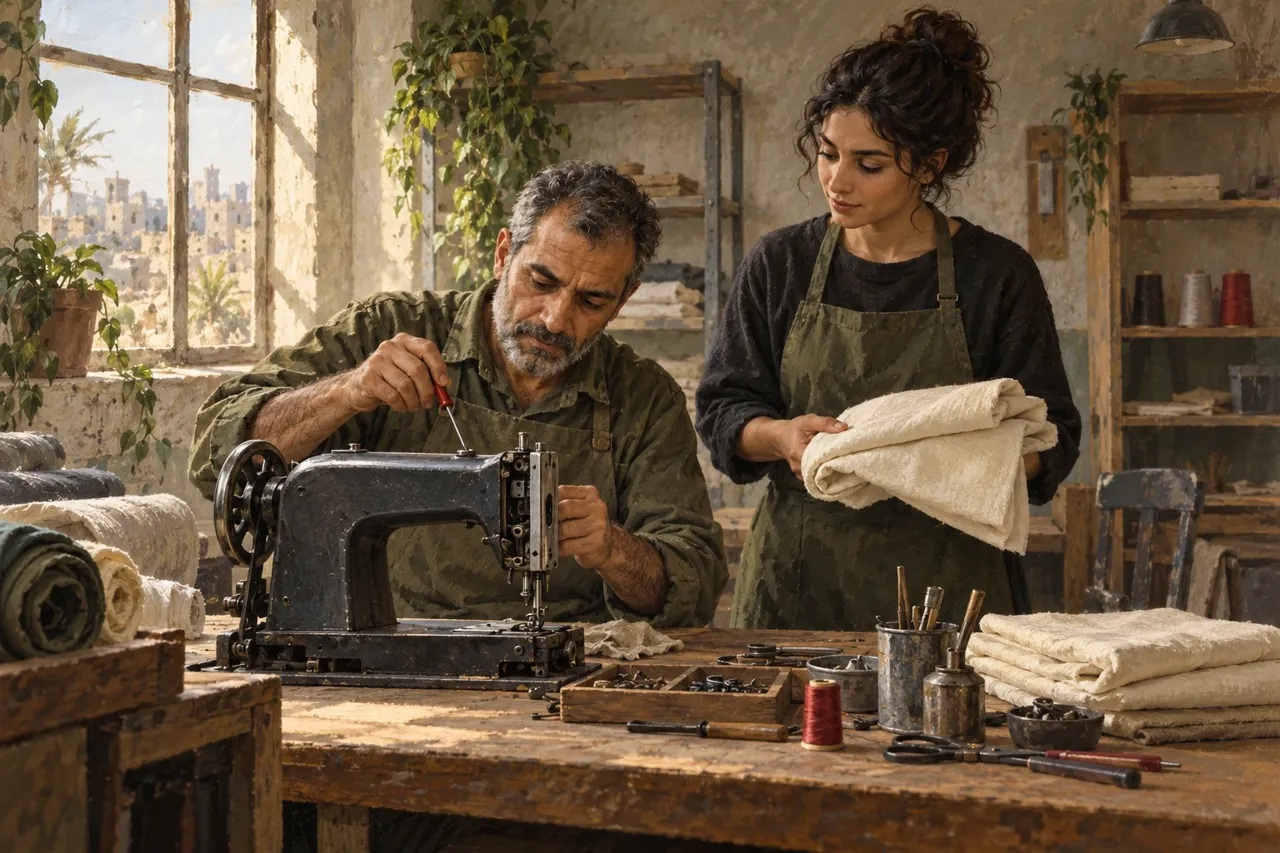 Illustration de deux adultes dans un atelier fictif, examinant une machine à coudre avec des outils et du tissu.