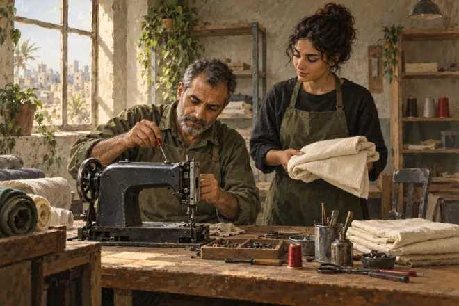 Illustration de deux adultes dans un atelier fictif, examinant une machine à coudre avec des outils et du tissu.
