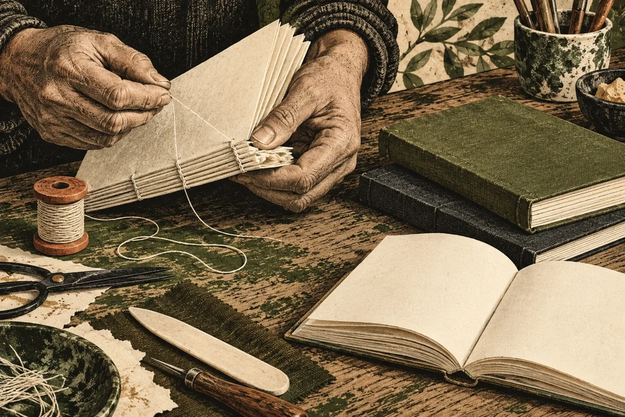 Illustration de mains reliant des feuilles de papier, près de livres aux couvertures unies olive et charbon.
