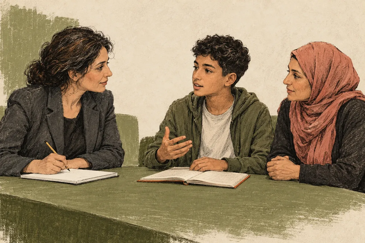 Illustration d’une conseillère écoutant un adolescent accompagné de sa mère autour d’une table, avec un cahier ouvert.