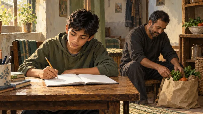 Illustration d’un adolescent lisant un cahier à une table, avec un adulte à proximité et un sac de provisions au sol.