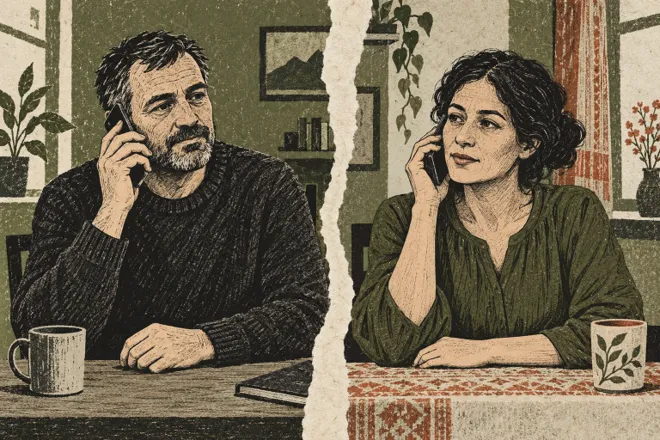 Illustration en deux panneaux d’un homme et d’une femme adultes fictifs parlant au téléphone depuis deux pièces différentes.