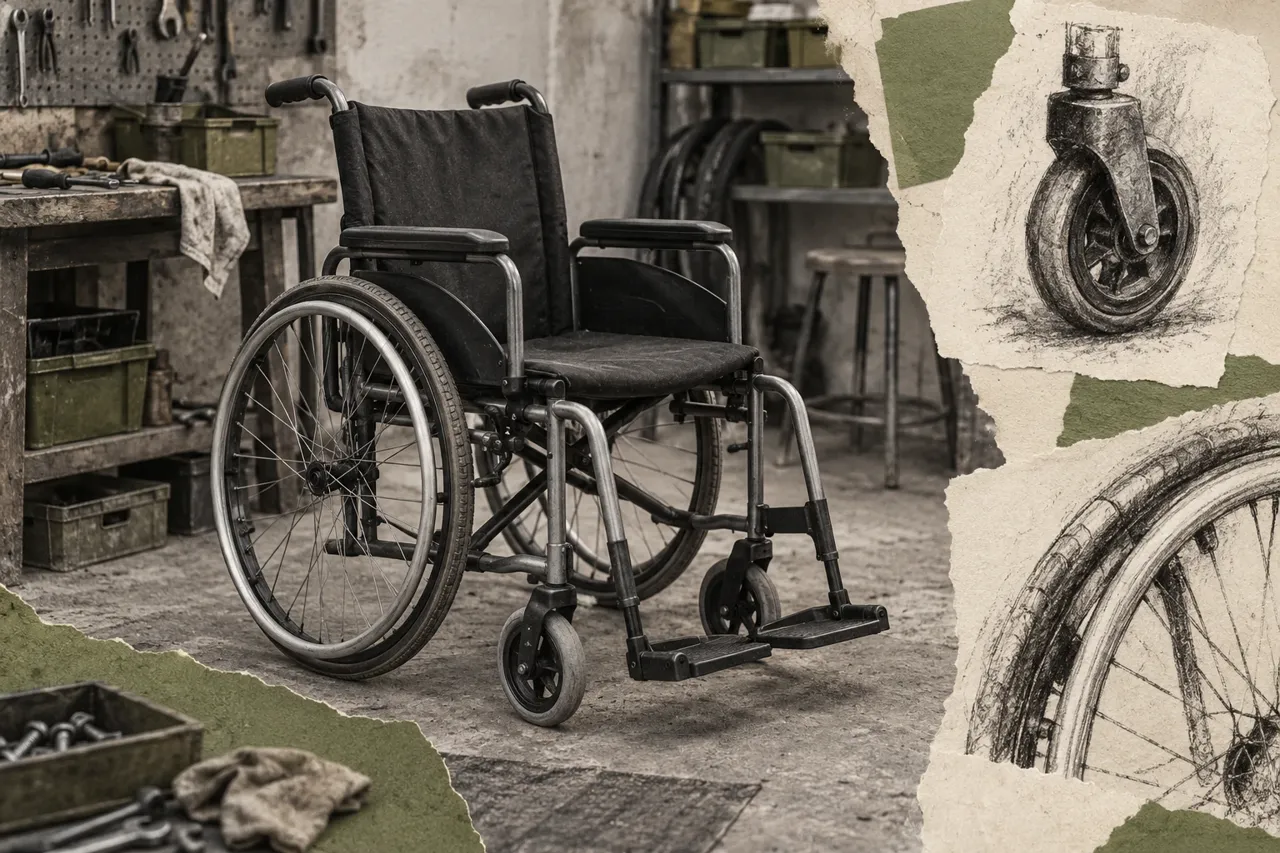 Collage éditorial montrant un fauteuil roulant manuel fictif et des études dessinées d’une roulette et d’une main courante.