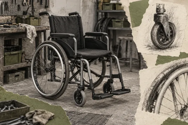 Collage éditorial montrant un fauteuil roulant manuel fictif et des études dessinées d’une roulette et d’une main courante.