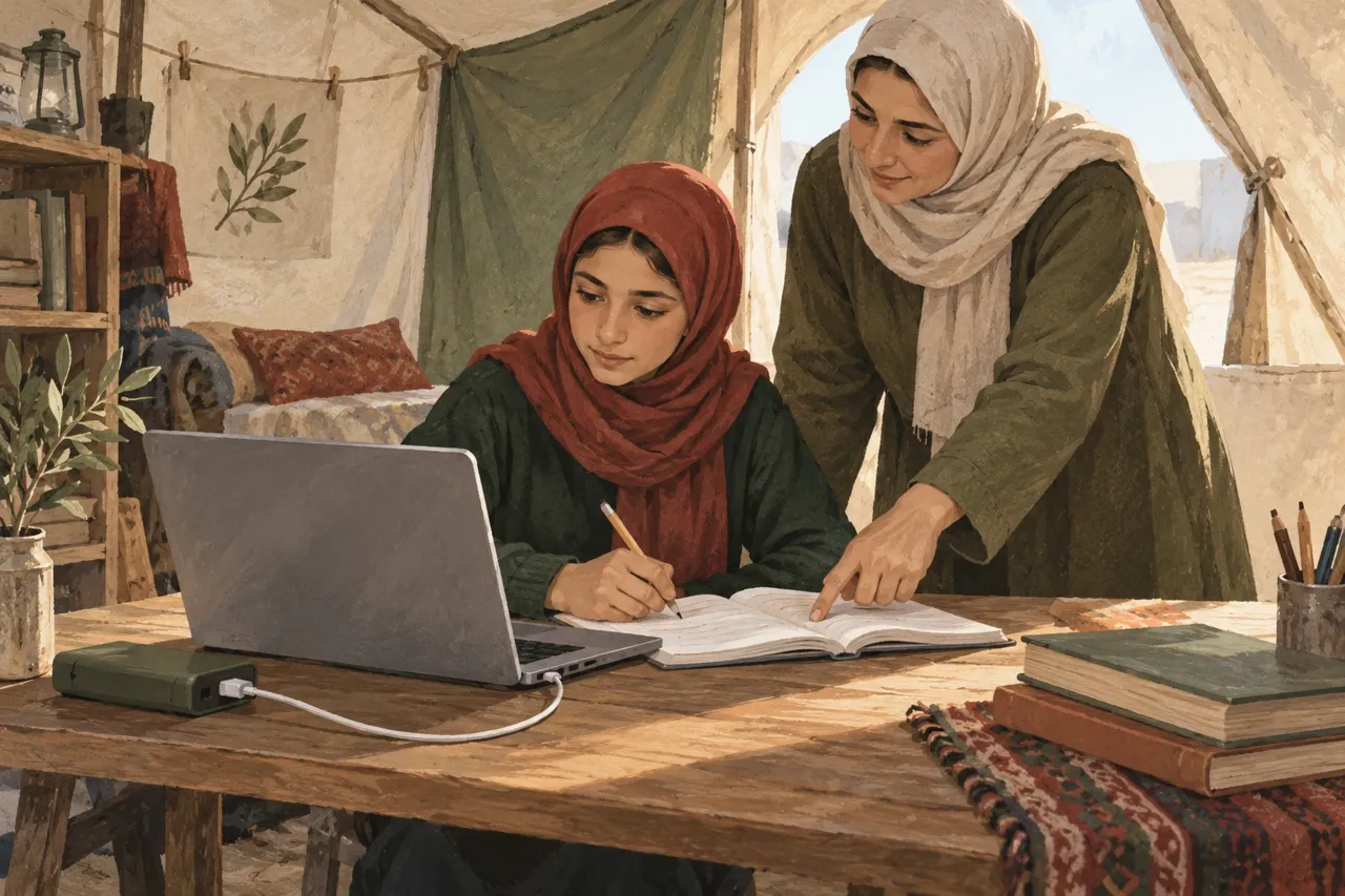 Illustration d’une adolescente étudiant sur un ordinateur relié à une petite batterie, avec une accompagnatrice dans un espace de travail fictif.