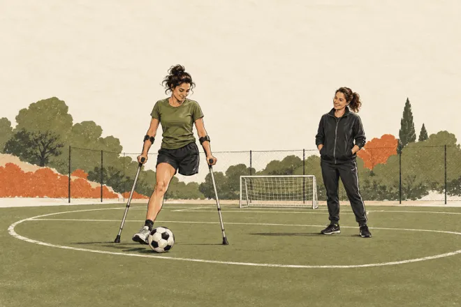 Illustration à l’encre d’une footballeuse adulte fictive avec des béquilles, un ballon et une entraîneuse sur un terrain.