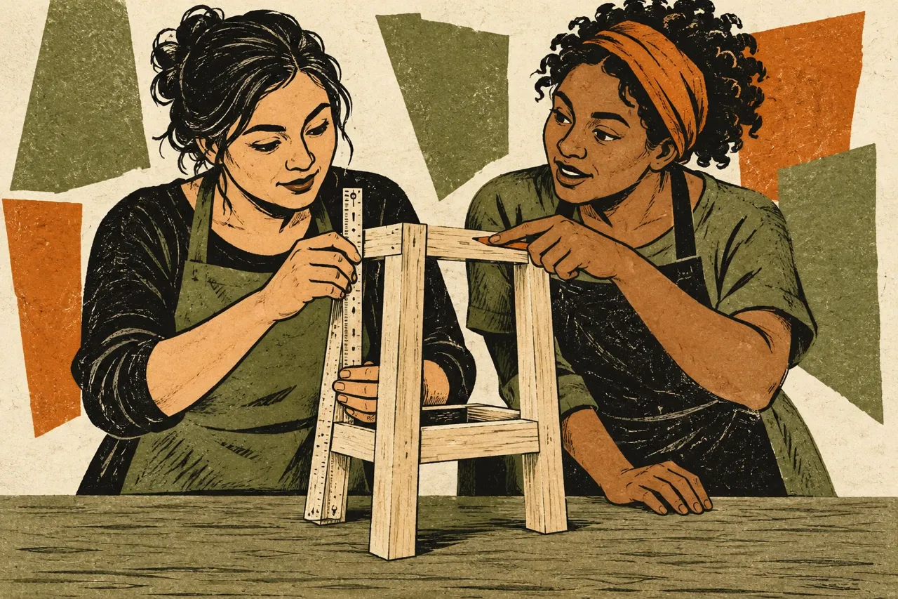 Illustration façon gravure de deux femmes adultes fictives mesurant ensemble le cadre d’un tabouret en bois.