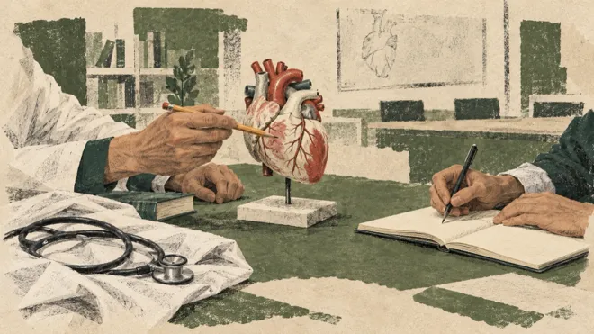 Illustration de mains de soignants étudiant un modèle anatomique de cœur et prenant des notes, dans un atelier de formation médicale.