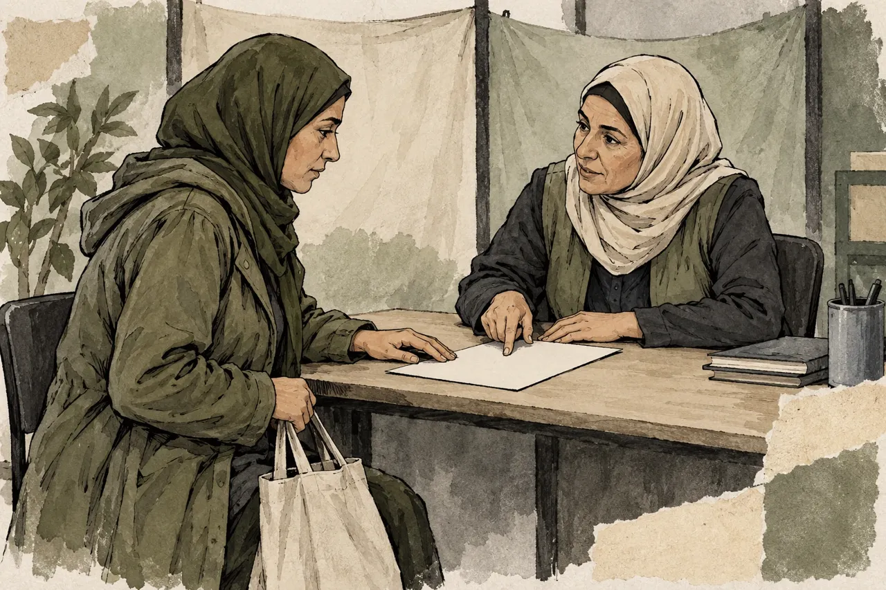 Dessin à l’encre et à l’aquarelle de deux femmes adultes fictives échangeant autour d’une fiche vierge à un bureau d’accueil.