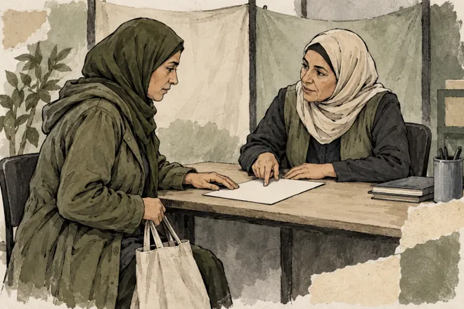 Dessin à l’encre et à l’aquarelle de deux femmes adultes fictives échangeant autour d’une fiche vierge à un bureau d’accueil.