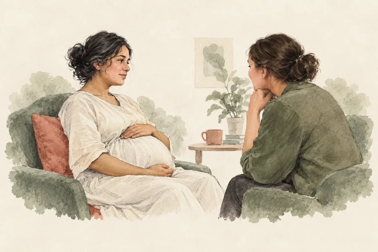 Dessin au crayon et à l’aquarelle d’une femme enceinte adulte fictive écoutée par une soignante.