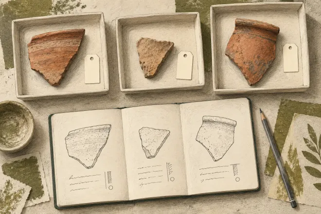 Illustration au crayon et à l’encre de fragments de poterie fictifs, de fiches vierges et d’un carnet de relevés.