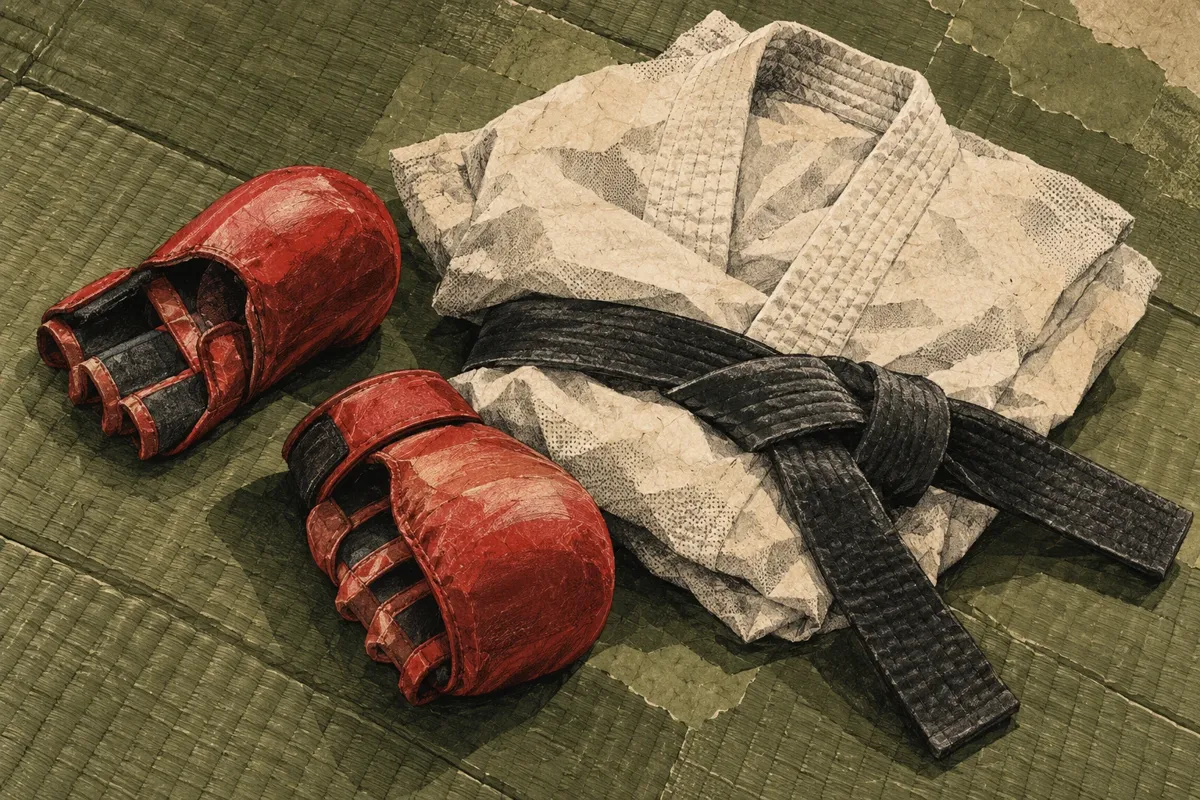 Illustration de protections de mains rouges, d’une veste de karaté pliée et d’une ceinture sombre sur un tatami olive.