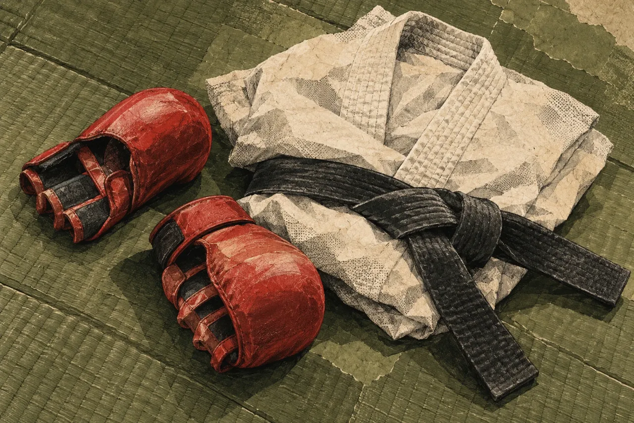 Illustration de protections de mains rouges, d’une veste de karaté pliée et d’une ceinture sombre sur un tatami olive.