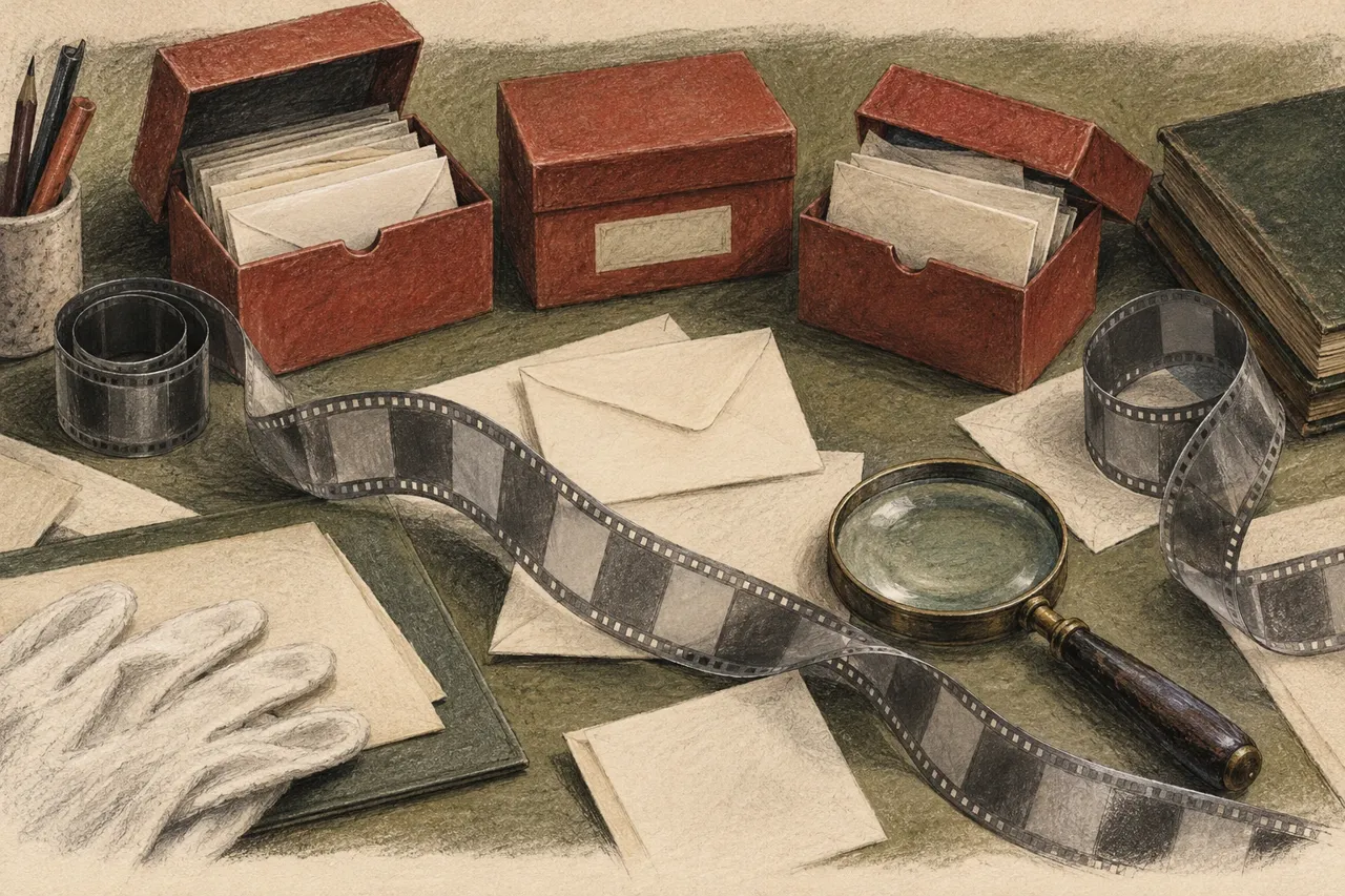 Illustration au graphite et au pastel d’un bureau d’archives, avec boîtes rouges, enveloppes, bandes de film abstraites et loupe.