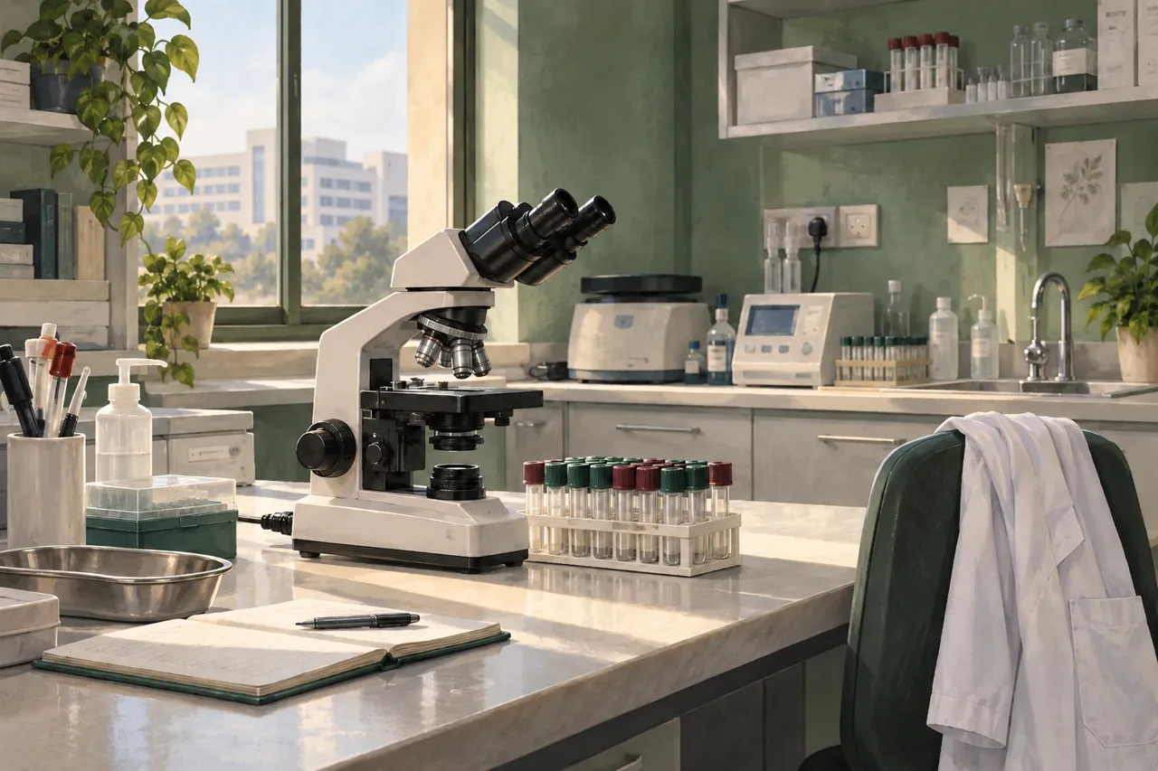 Illustration : microscope et tubes de prélèvement dans un laboratoire médical.