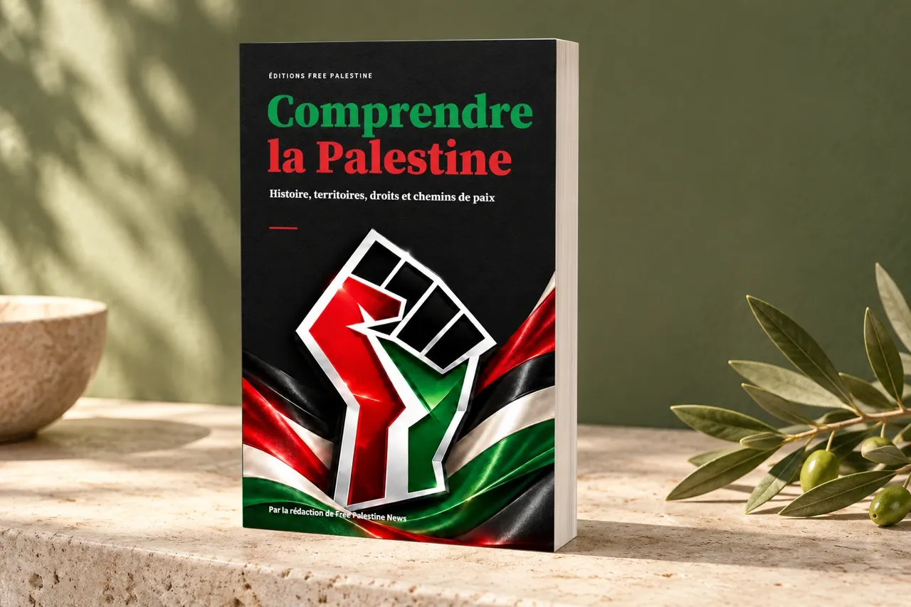 Mise en scène du livre Comprendre la Palestine sur une table claire, avec sa couverture noire, verte et rouge et une branche d’olivier