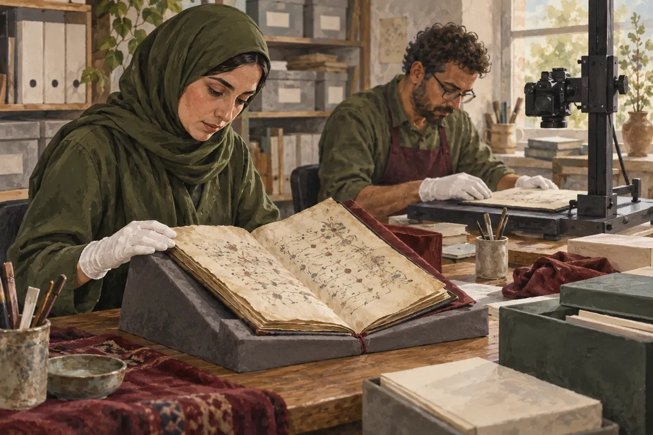 Illustration de deux archivistes fictifs examinant des manuscrits soutenus sur une table, près d’un appareil de numérisation.