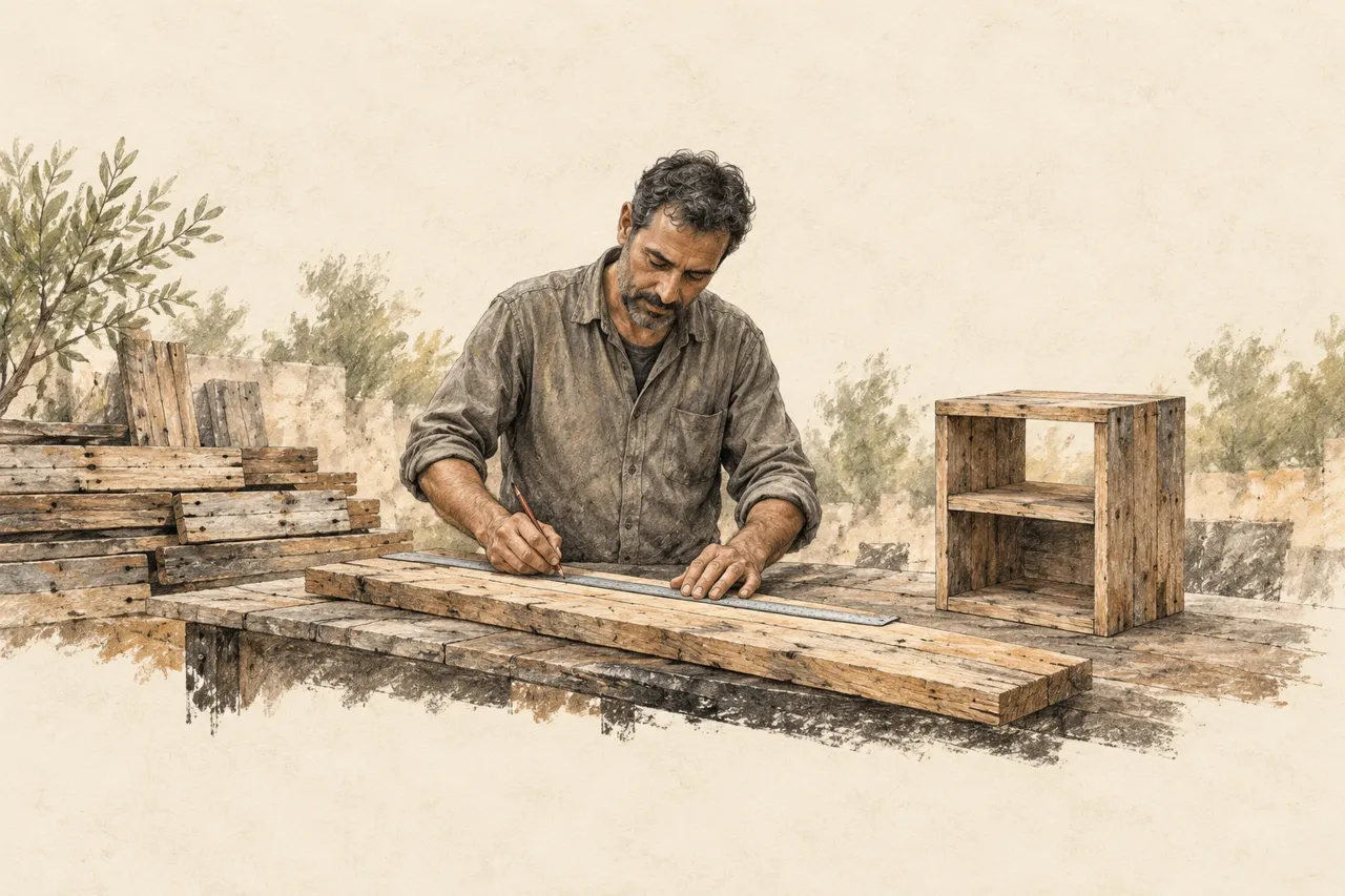 Illustration dessinée d’un menuisier mesurant une planche sur un établi, près de bois récupéré et d’une petite étagère.