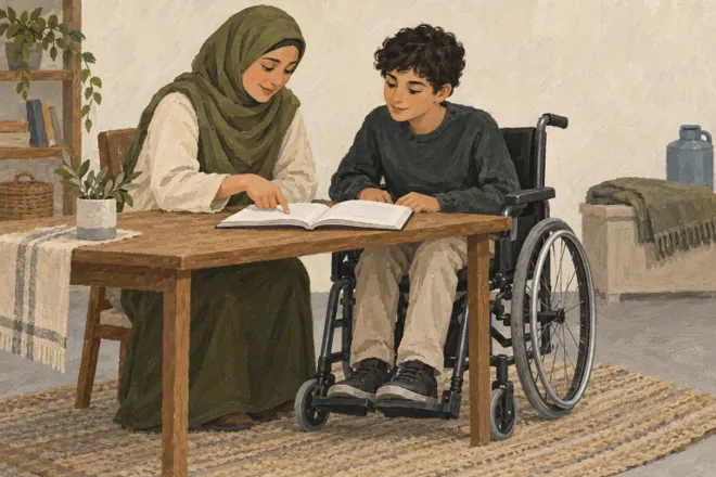 Illustration d’une femme accompagnant un adolescent en fauteuil roulant devant un livre ouvert dans une pièce fictive.