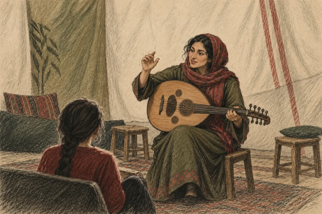Illustration au fusain d’une enseignante fictive tenant un oud et marquant le rythme face à un élève vu de dos.