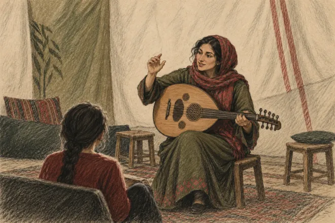 Illustration au fusain d’une enseignante fictive tenant un oud et marquant le rythme face à un élève vu de dos.