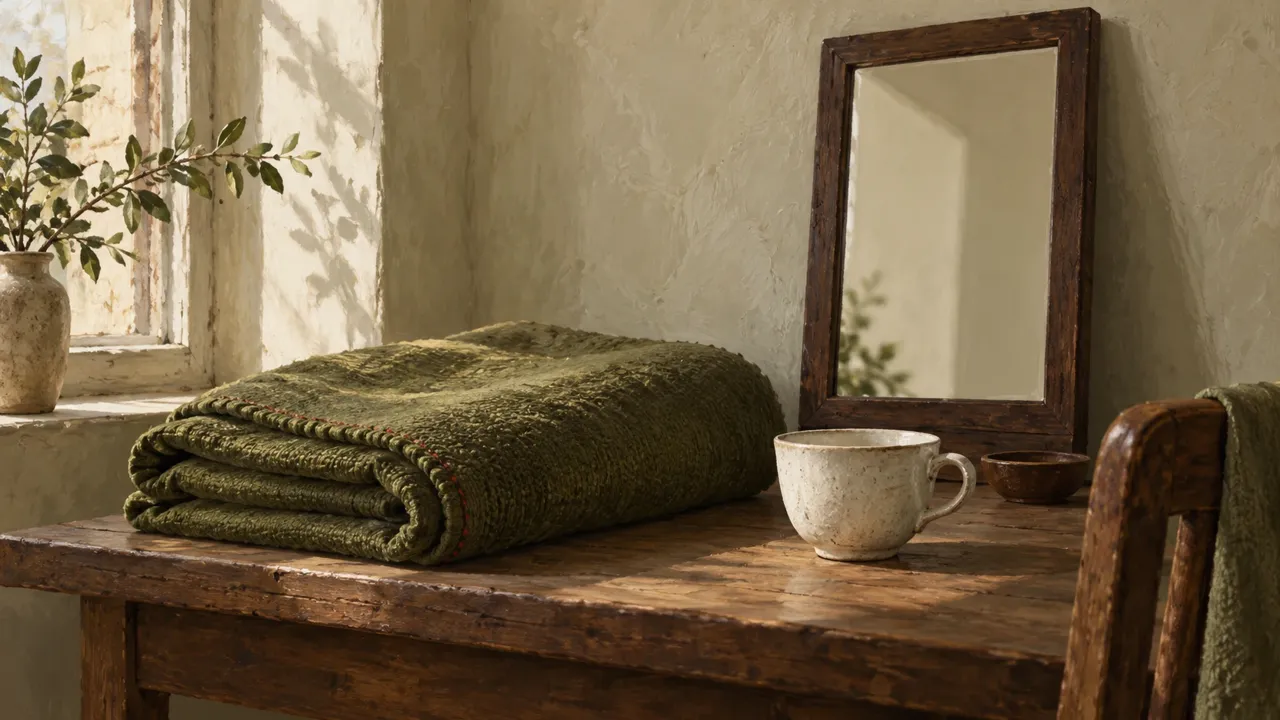 Illustration d’une couverture pliée, d’un miroir simple et d’une tasse sur une table dans une pièce fictive.