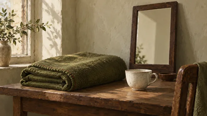 Illustration d’une couverture pliée, d’un miroir simple et d’une tasse sur une table dans une pièce fictive.