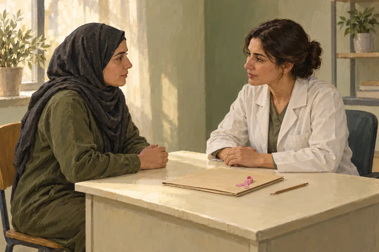 Illustration de deux femmes échangeant autour d’un dossier dans une salle de consultation fictive, avec un petit ruban rose.